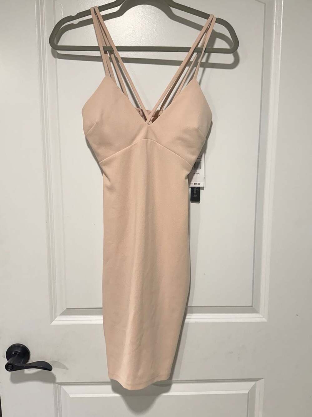 Y2K Strappy Bodycon Midi Dress Nude Minimalist Party Cocktail Size 1